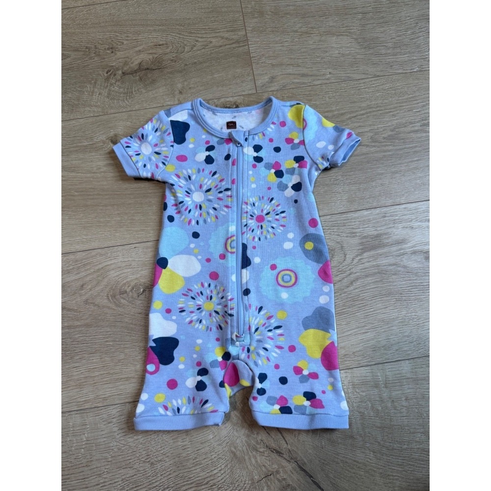 EUC Baby Girl Tea Collection short sleeve zip sleeper romper one piece sz 9-12M